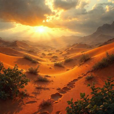 The primary subject of the image is a sandy desert landscape with a sunset in the background. The setting is a vast, open area with sand dunes and a few bushes scattered throughout. The visual style is a painting, which gives the scene a warm and serene atmosphere. The dominant colors are orange and yellow, which are characteristic of a sunset.